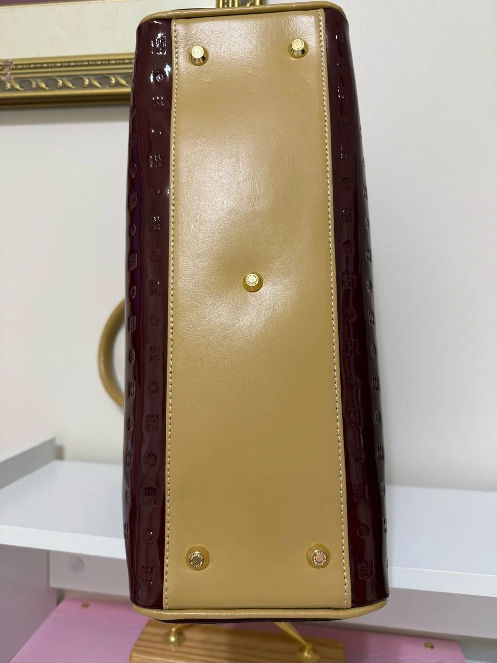 Arcadia Patent Leather Burgundy Shoulder Bag with Tan Trim